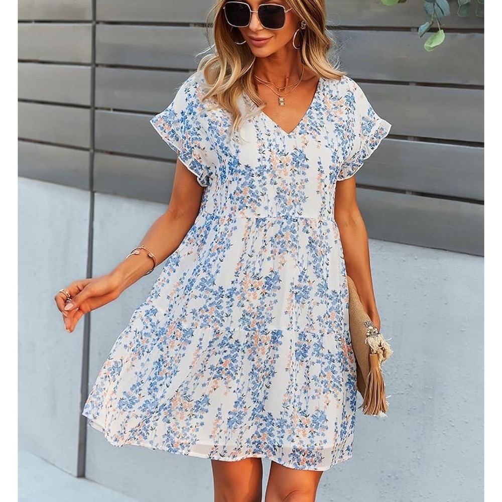 Ditsy Floral Printed Ruffled Sleeve V Neck Mini Dress MEDIUM NWT